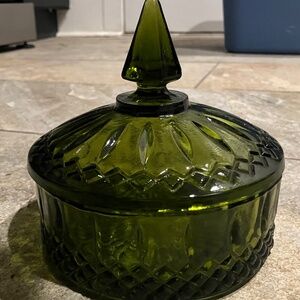 Vintage Indiana Glass, Green Candy Dish with Lid